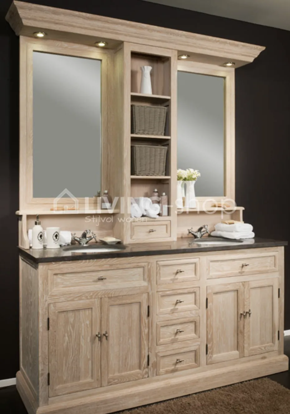 TIMELESS LIVING Landelijk eiken wastafel meubel met dubbele lavabo + opzetstuk met spiegels en LED