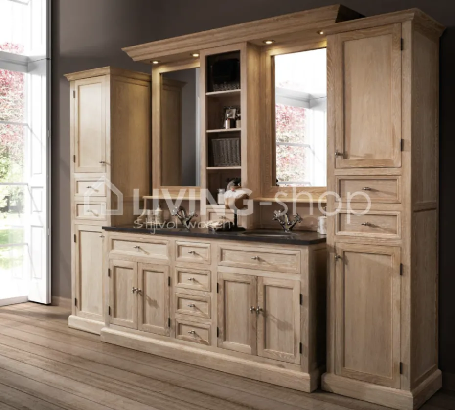 TIMELESS LIVING Landelijk eiken wastafel meubel met dubbele lavabo + opzetstuk met spiegels en LED