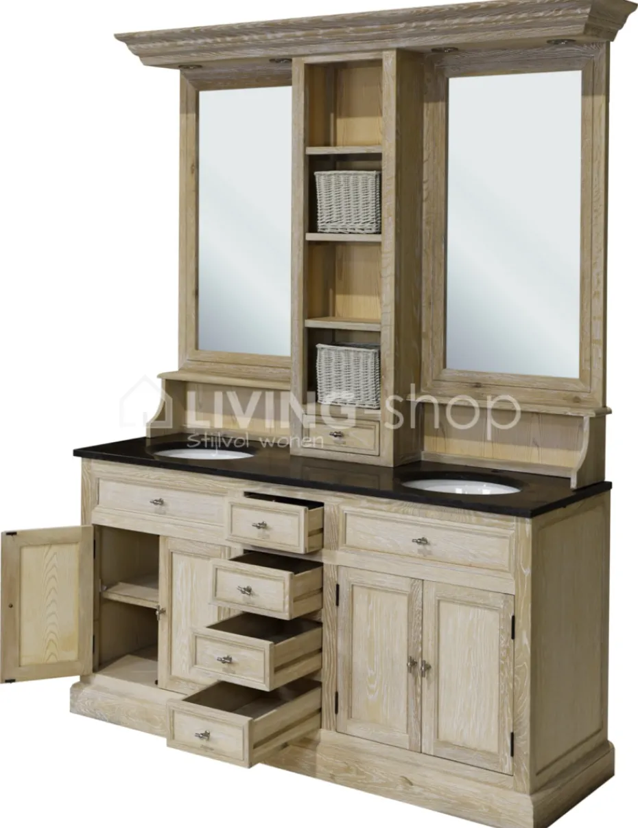 TIMELESS LIVING Landelijk eiken wastafel meubel met dubbele lavabo + opzetstuk met spiegels en LED