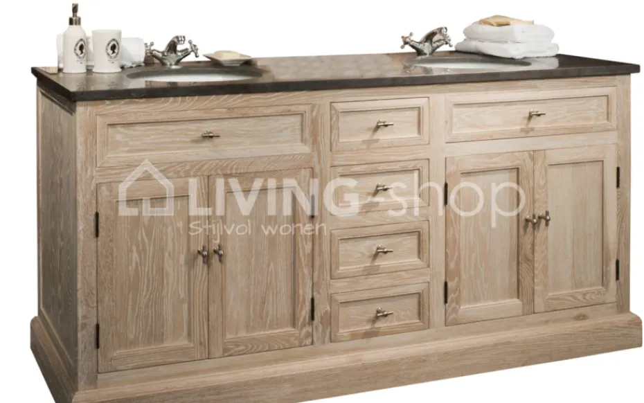 TIMELESS LIVING Landelijk eiken wastafel meubel met dubbele lavabo + opzetstuk met spiegels en LED