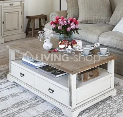 TIMELESS LIVING Landelijke creme salontafel met naturel teak top